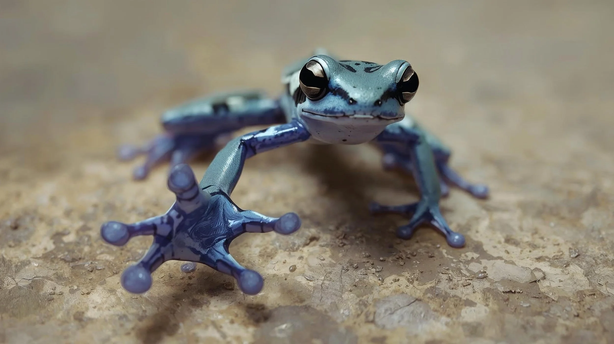 Close-up photo of a small blue and white frog on a sandy surface, facing the camera with one front leg extended forward.