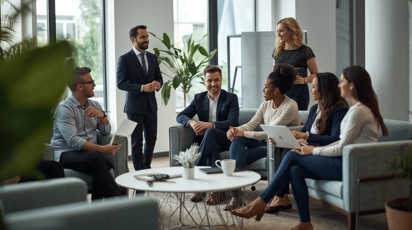 Group of seven diverse professionals in a modern office, engaged in a discussion; one man standing speaks, others seated listen, some with tablets.