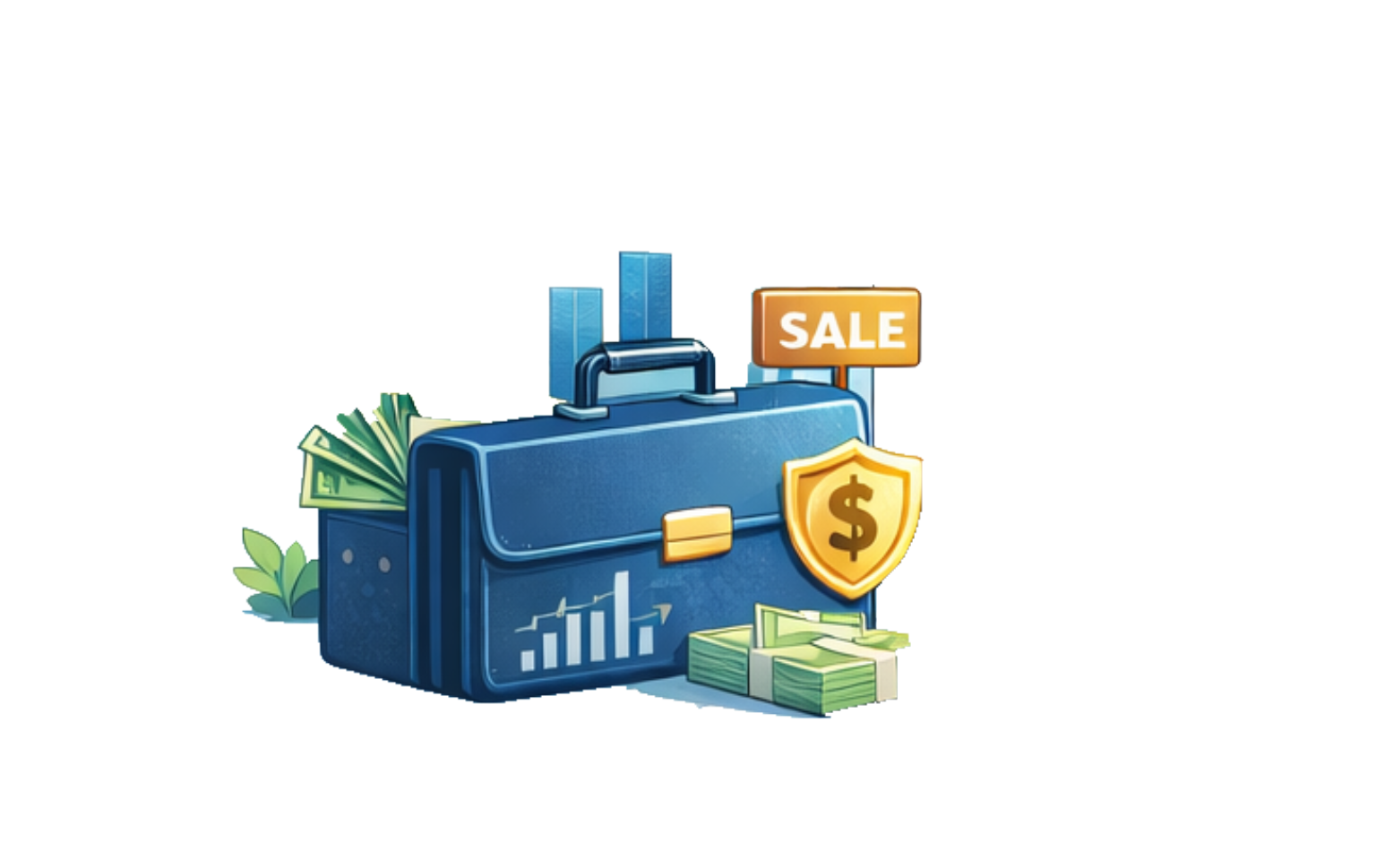Illustration of a blue briefcase with financial charts, surrounded by cash, a shield with a dollar sign, a sale sign, and bar graphs.