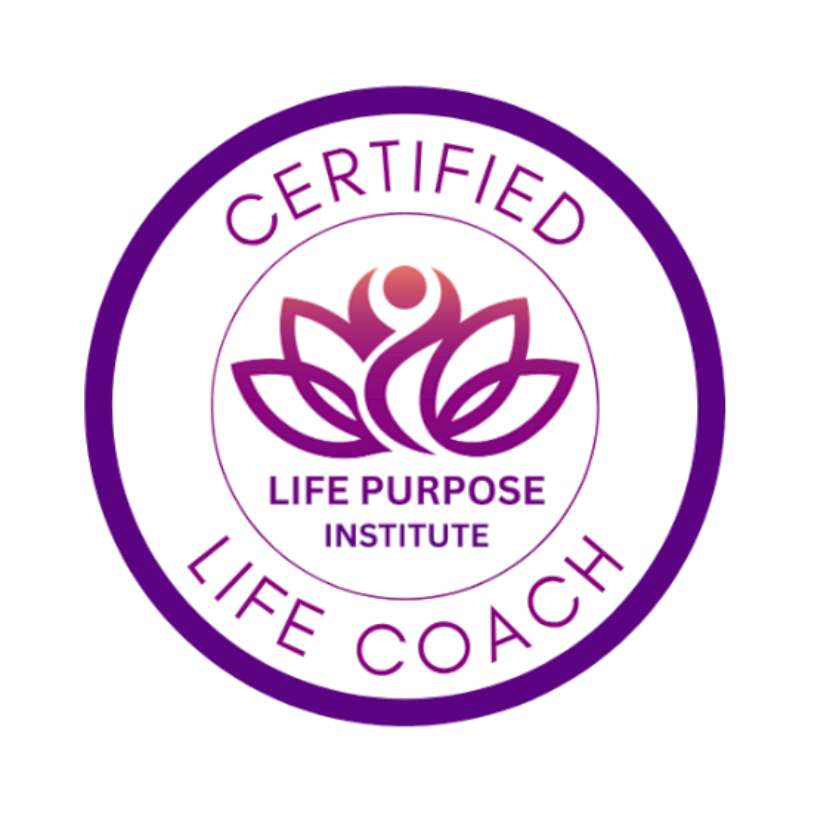 A purple neon-style circular logo for the Certified Life Coach program by the Life Purpose Institute, featuring a lotus flower and bold text.
