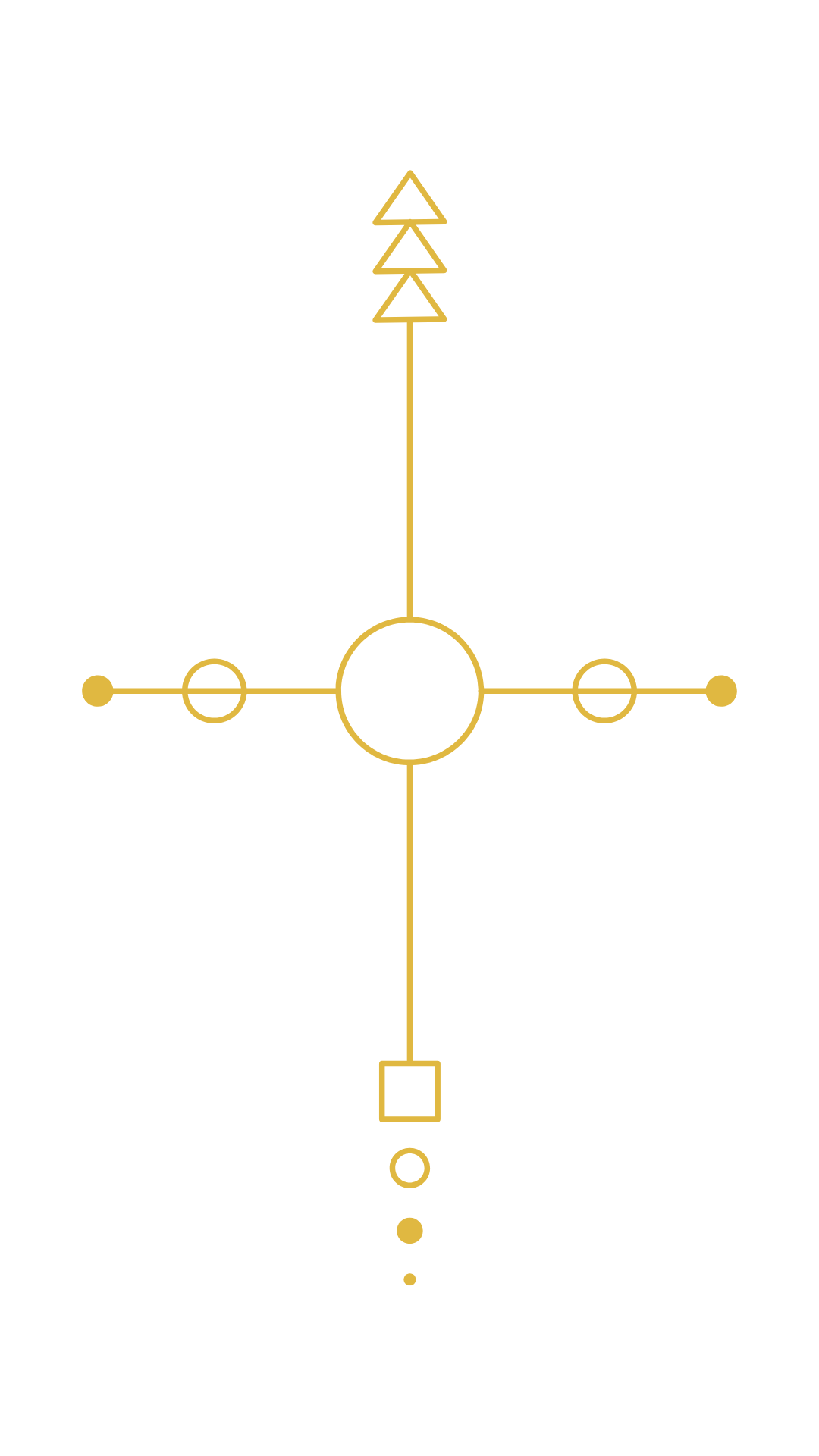A black background with a gold geometric design consisting of circles, triangles, a square, and lines arranged symmetrically.