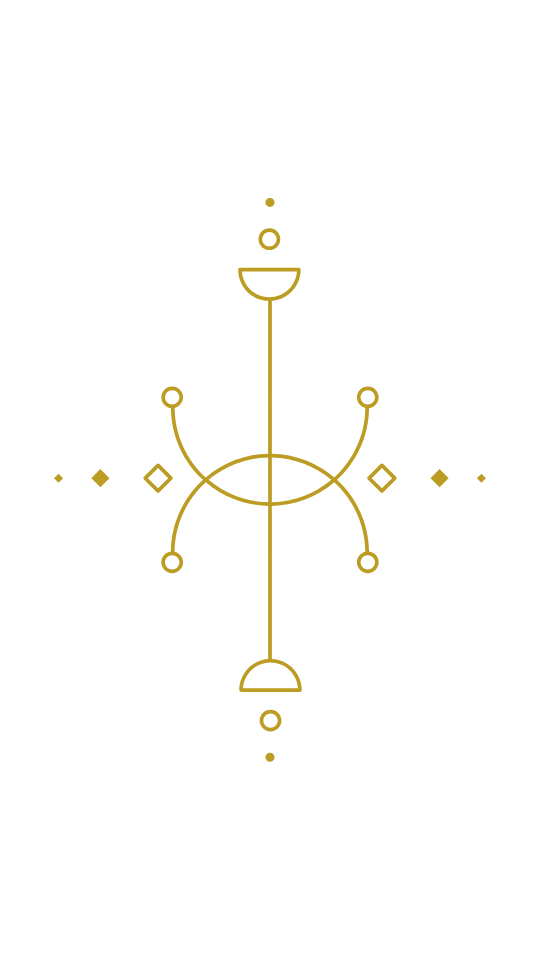 A symmetrical geometric design with a vertical line, semicircles, circles, diamonds, and lines arranged in a balanced pattern, using gold lines on a black background.