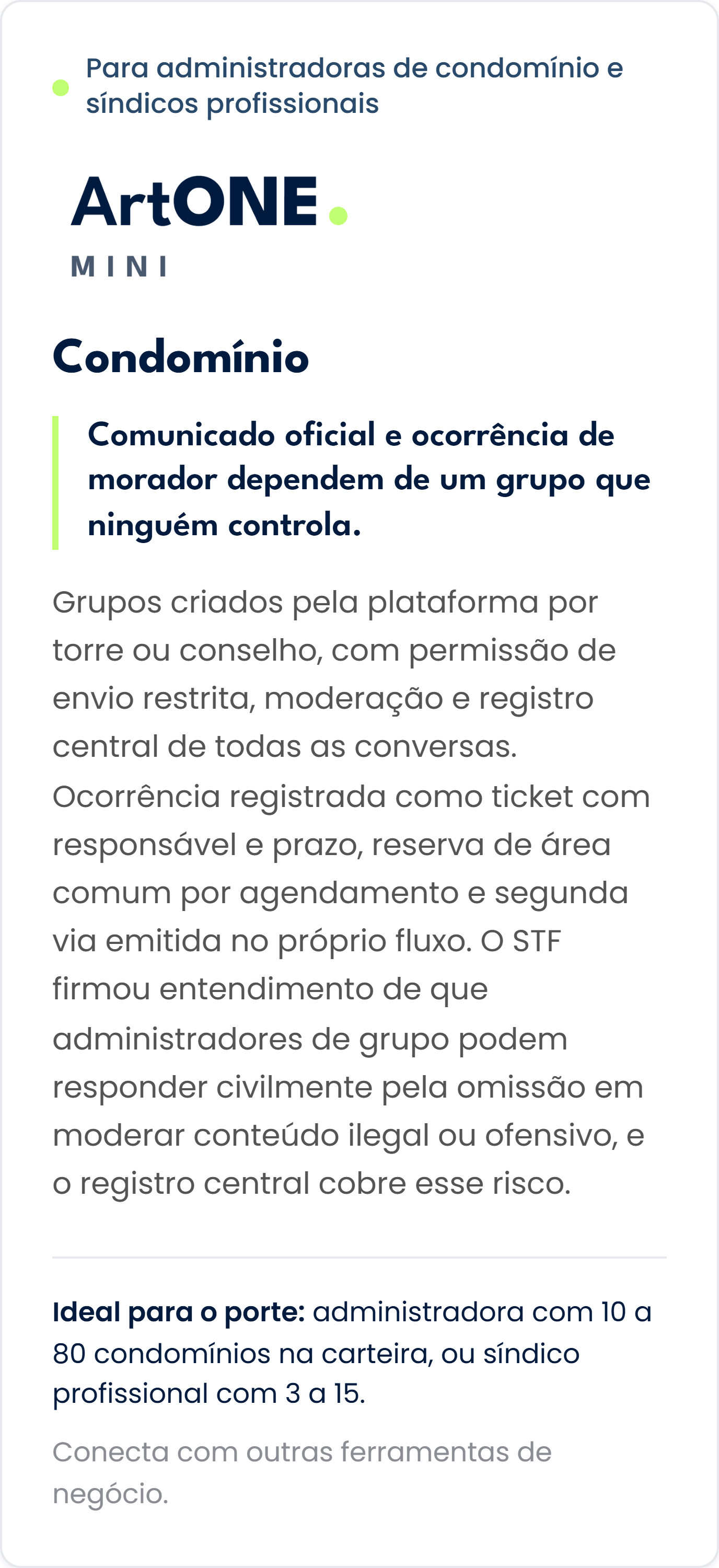 Texto em português explicando as diretrizes para administradoras de condomínios e síndicos profissionais, incluindo regras sobre comunicação, registro de ocorrências, responsabilidades e critérios de escolha para profissionais na área de administraçã