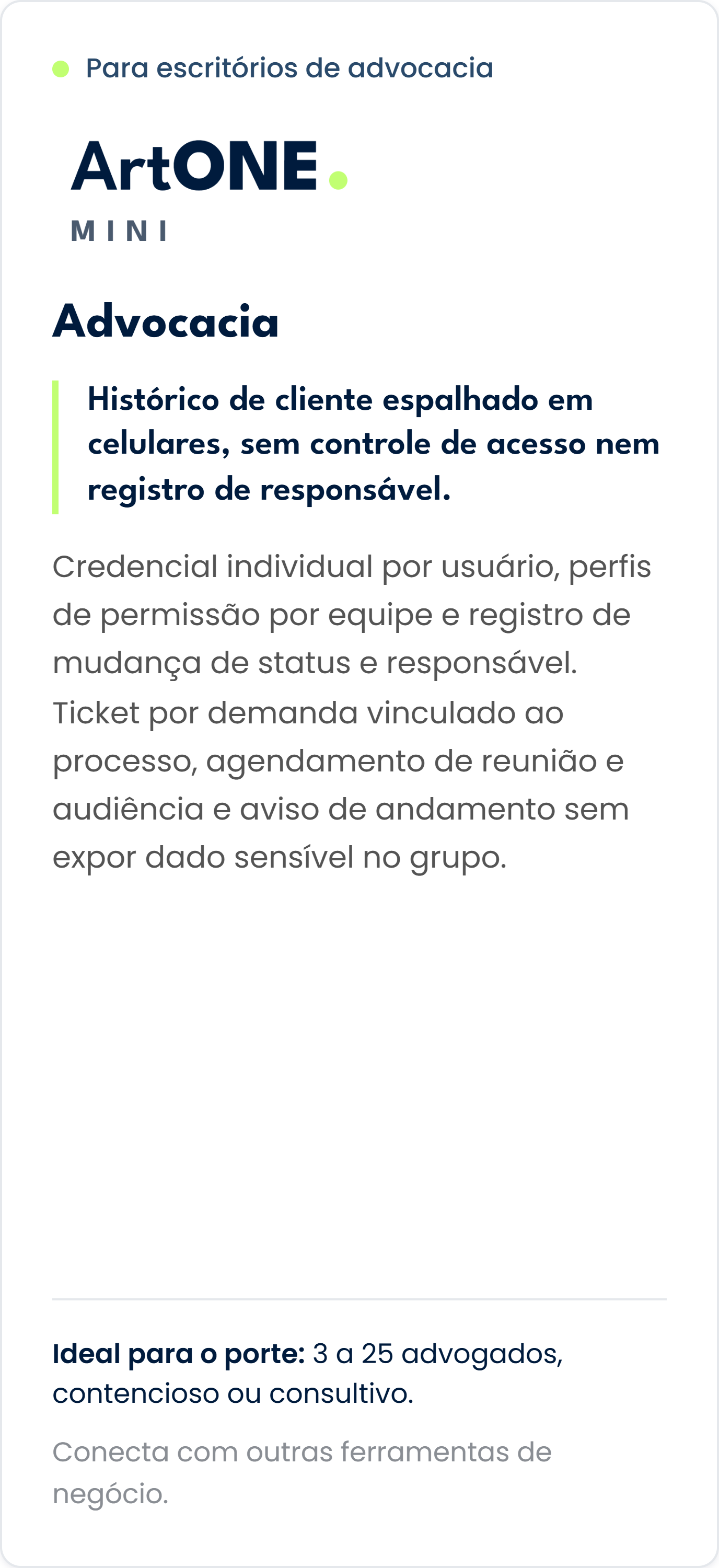 Tela de apresentação de uma ferramenta intitulada 'ArtONE Mini', voltada para escritórios de advocacia, contendo informações sobre suas funcionalidades e público-alvo.