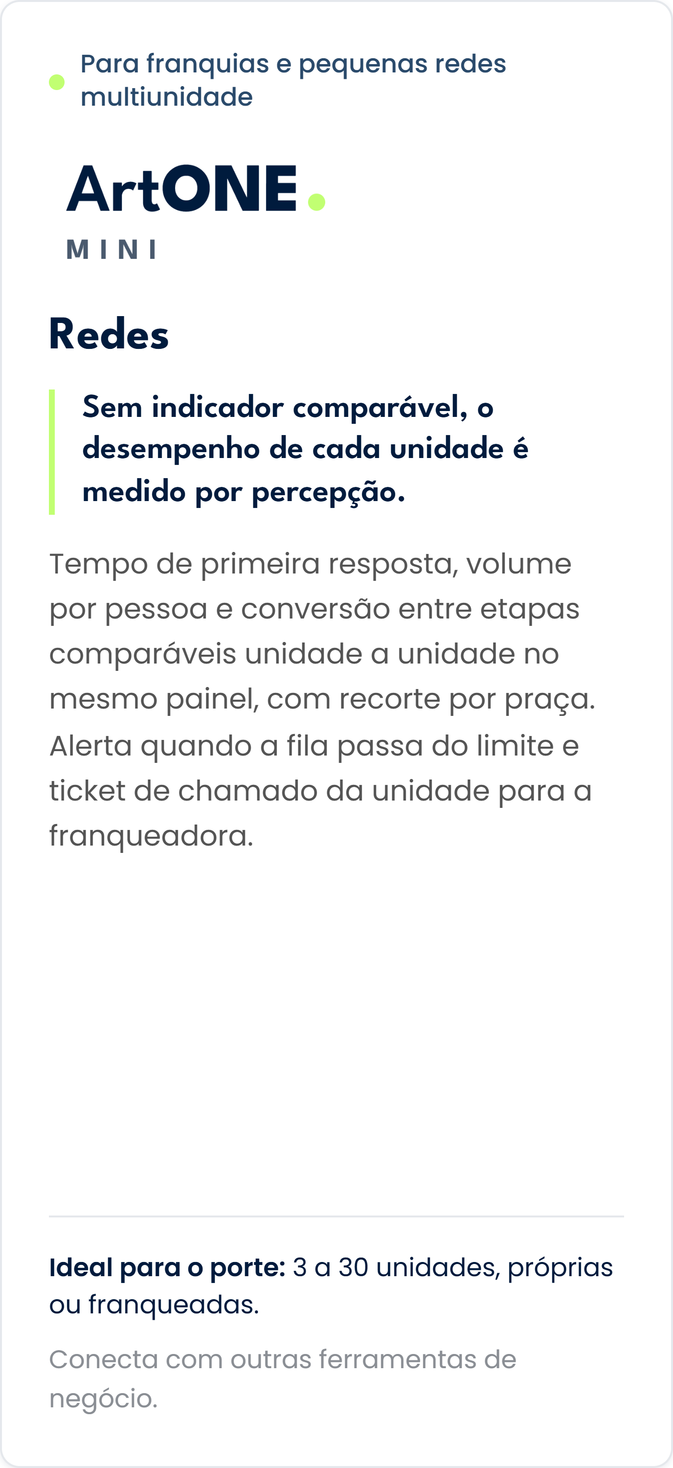 Tela de celular exibindo informações sobre sistema de rede para franquias e pequenas redes multiunidade, destacando que não há indicador comparável e que o desempenho é medido por percepção, com detalhes sobre funcionamento, capacidade e conectividad