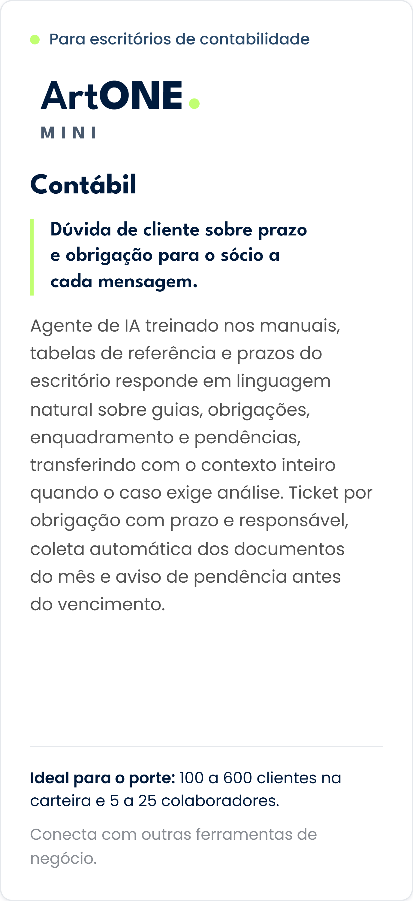 Descrição de uma página de apresentação do ArtONE MINI, um software para escritórios de contabilidade, mostrando informações sobre funcionalidade de contábil, público-alvo e integração com outras ferramentas.