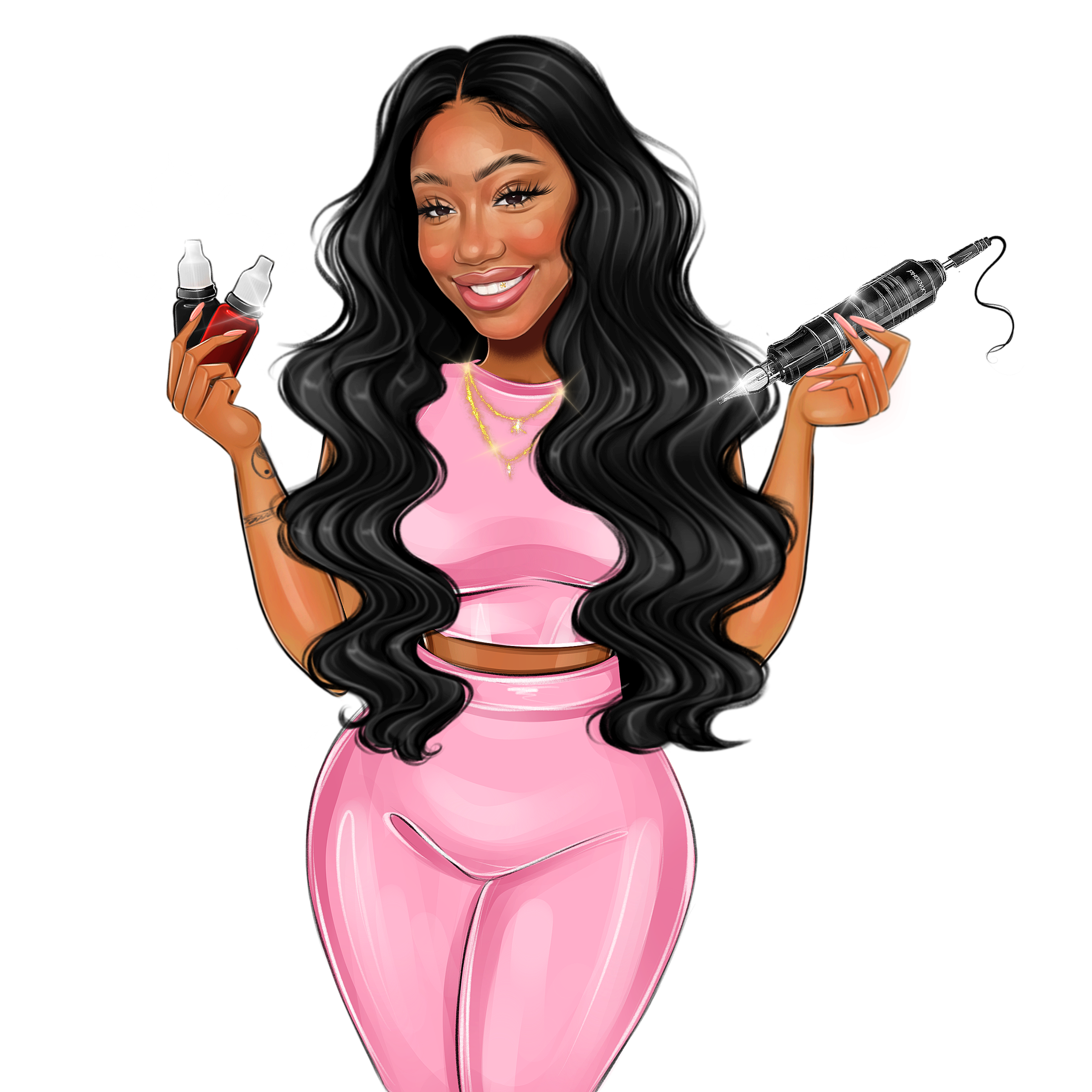 Digital illustration of a woman with long black wavy hair, wearing pink workout clothes, holding skincare products in one hand and a tattoo machine in the other, smiling, against a black background.
