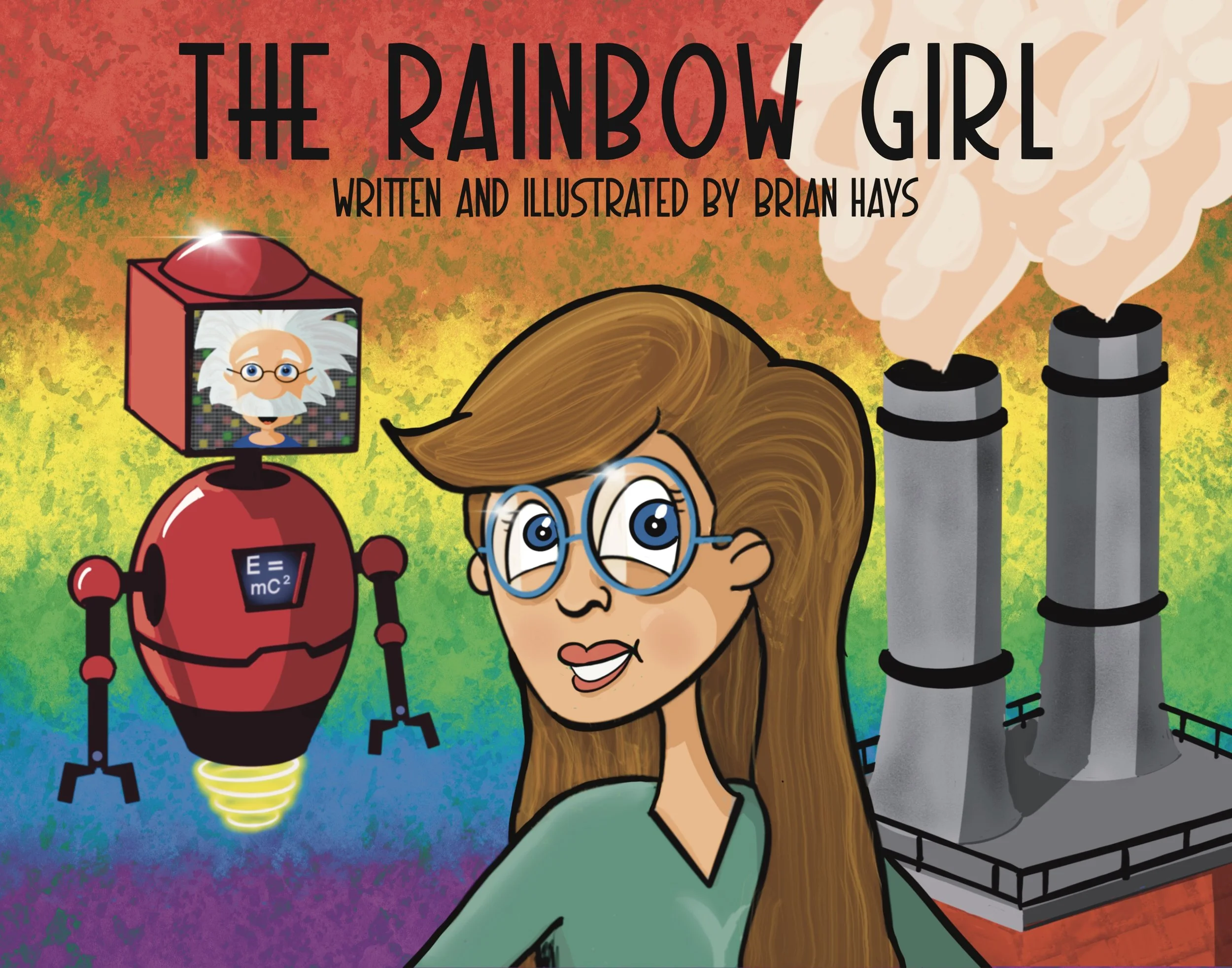 Colorful illustration of a young girl with brown hair and glasses, a robot with a screen face displaying Einstein, and steam engines with clouds of smoke, set against a vibrant rainbow background.