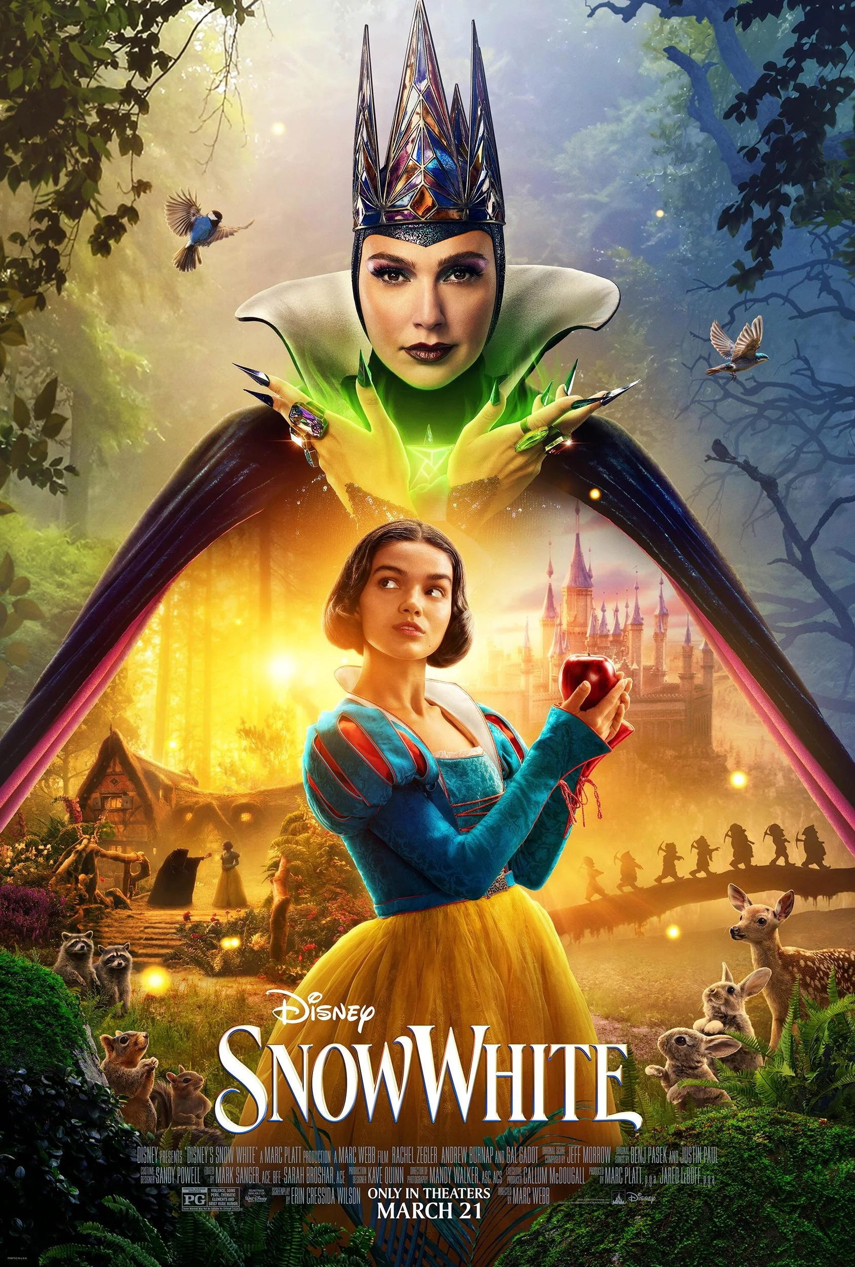 Fantasy movie poster for Disney's Snow White featuring Snow White holding an apple and the Evil Queen with a crown and dark attire in a lush forest background with animals and a castle.