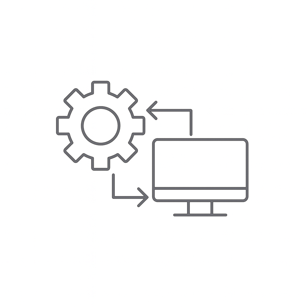 Line drawing of a gear, a computer monitor, and arrows showing a process flow.