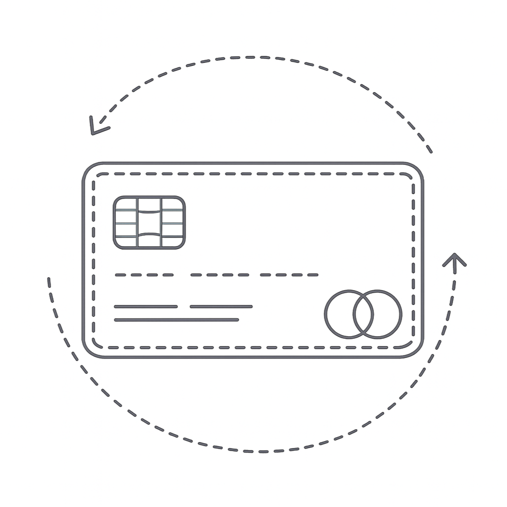 A simple line drawing of a credit card surrounded by a dashed circular arrow indicating rotation.