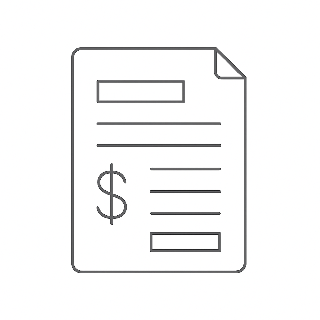 Line drawing of a financial or billing document with a dollar sign, lines indicating text, and a blank rectangular field, with a corner folded over.