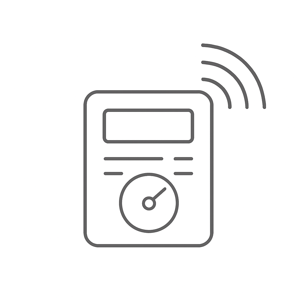 Line drawing of a wireless electronic device with a display and a dial, emitting radio signals.