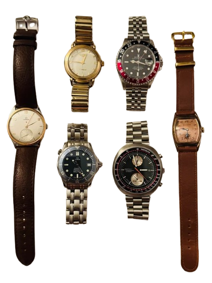Six wristwatches with different styles and bands, arranged in a row.