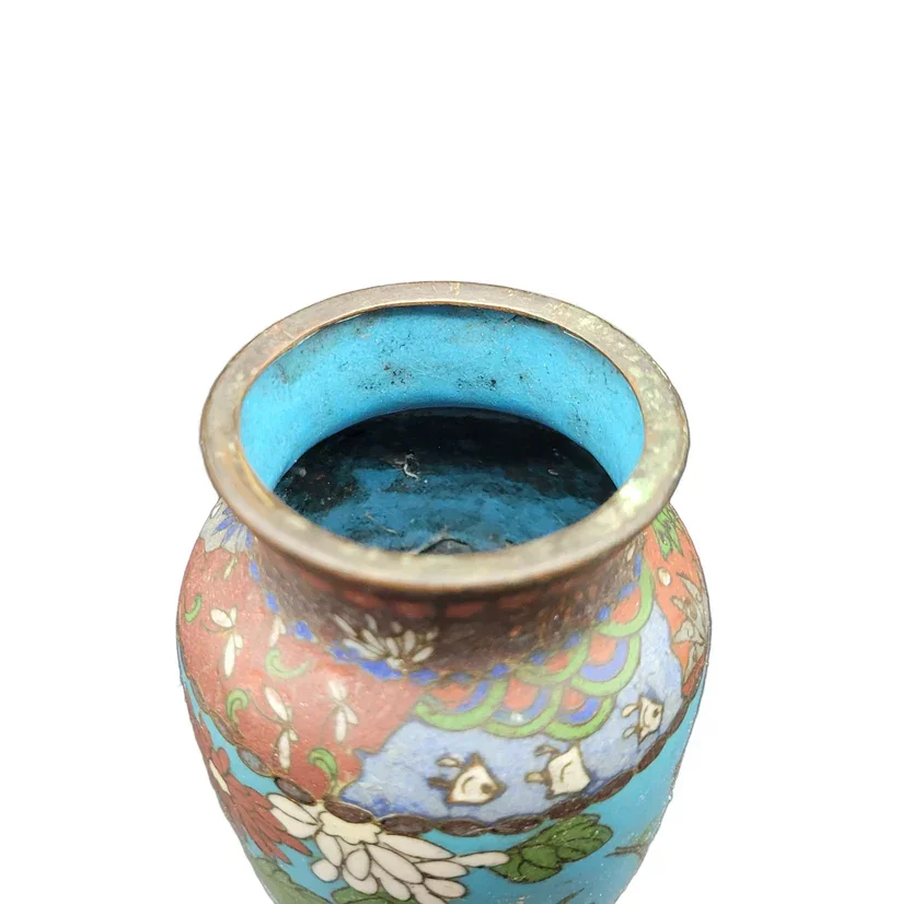 Antique three-piece Japanese cloisonné set, comprising a vase, ginger jar, and bowl.
