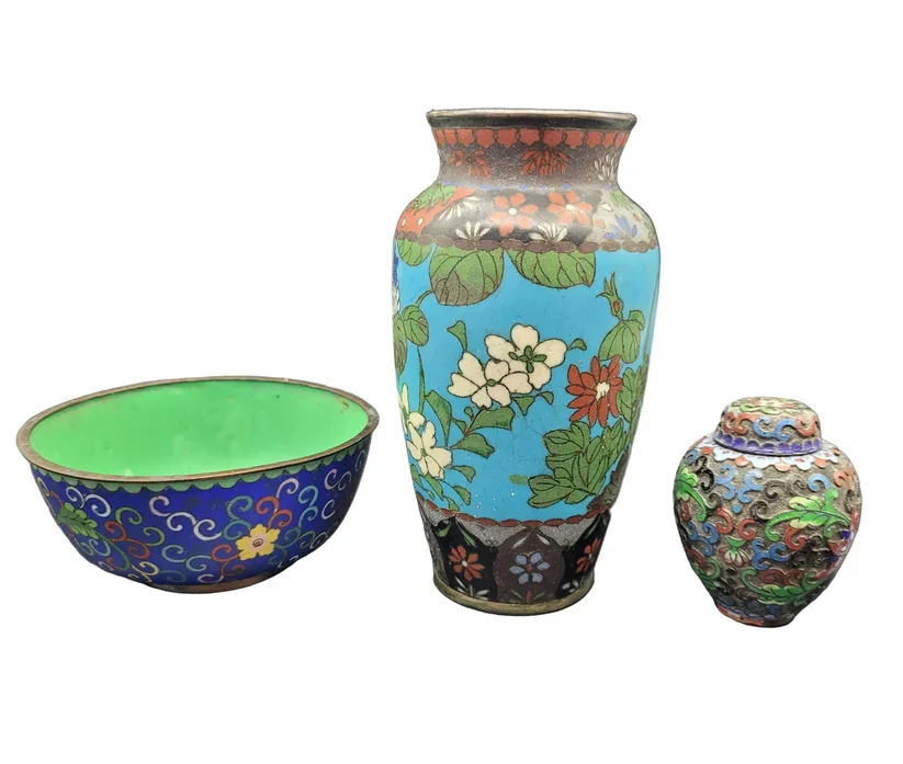 Antique Japanese Cloisonné Set – Vase, Ginger Jar &amp; Bowl (3 Pieces)
