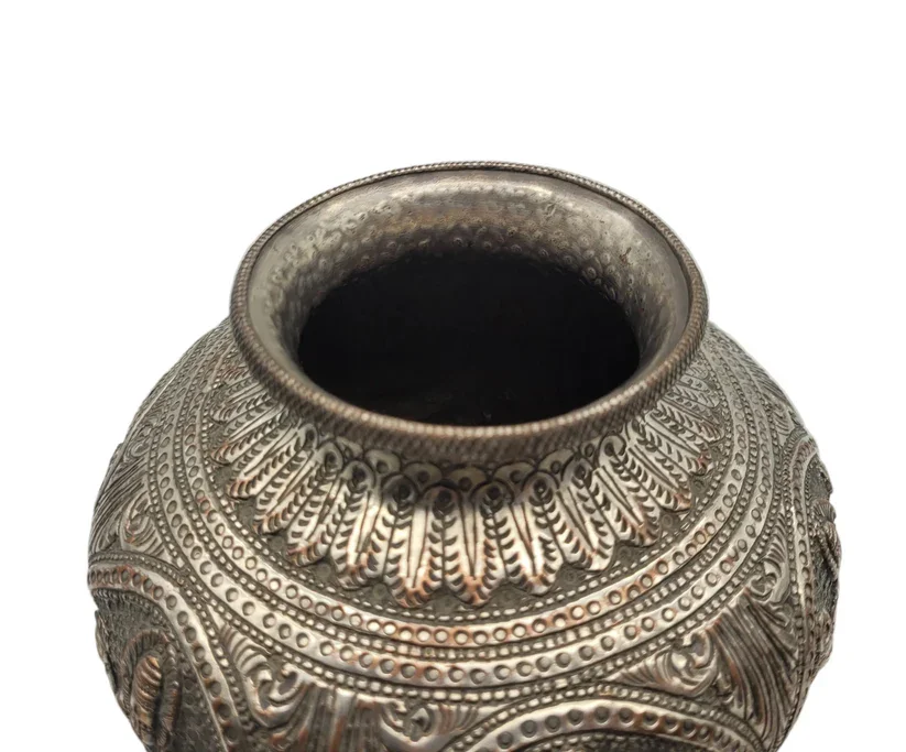 Top of a 19th-century Asian / Oriental white metal jar or vase is a striking example of antique metalwork, notable for both its substantial weight and fine hand decoration.