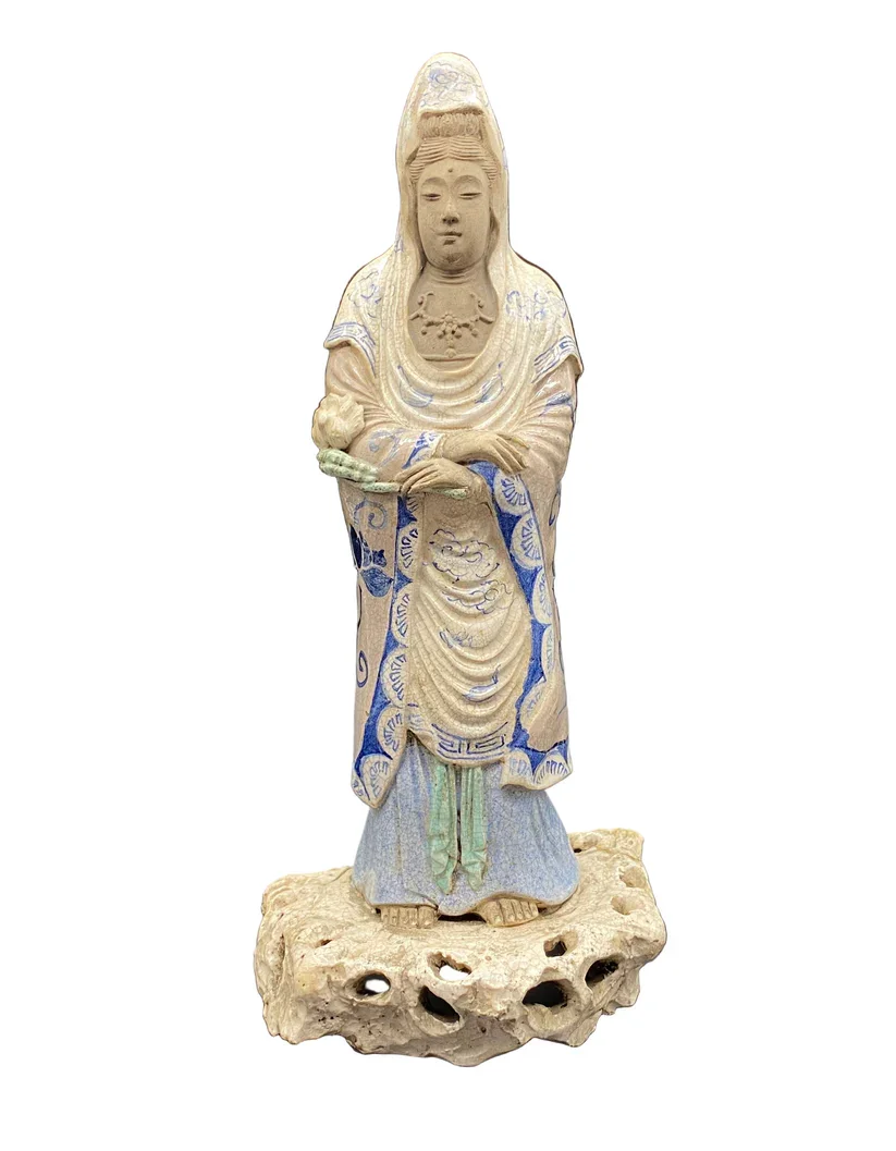 Japanese Edo Period Crackle Were Guan Yin Pottery Figurine