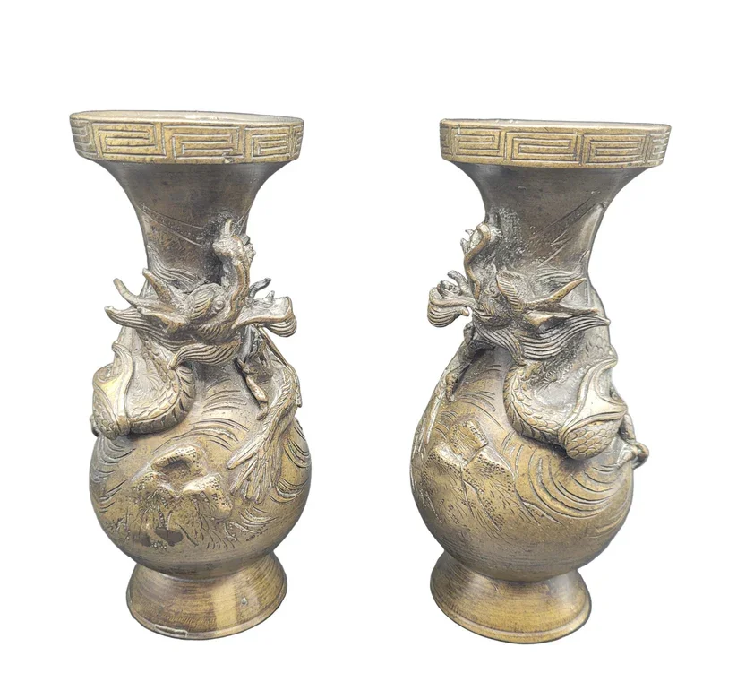 Chinese Bronze Dragon Vases Pair 19th Century