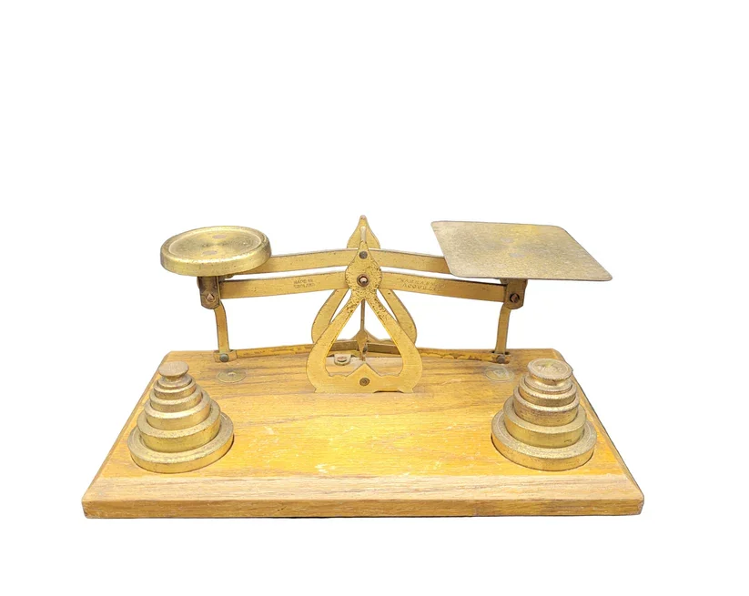 Antique Brass Postal Scales & Weights “Warranted Accurate “ Desk Scales