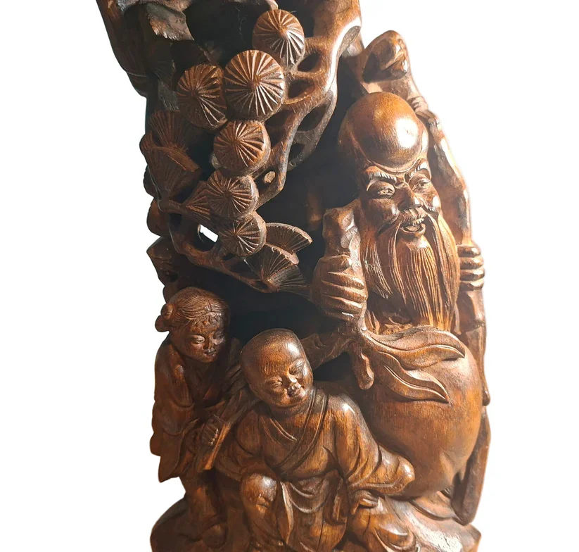 Antique Chinese Root Wood Carving – Shoulao Immortal and Children (Late 19th–Early 20th Century)