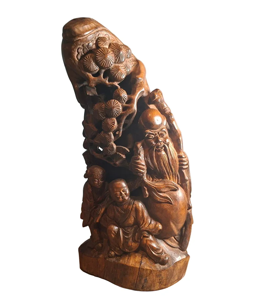 Chinese Root Wood Carving – Shoulao Immortal and Children