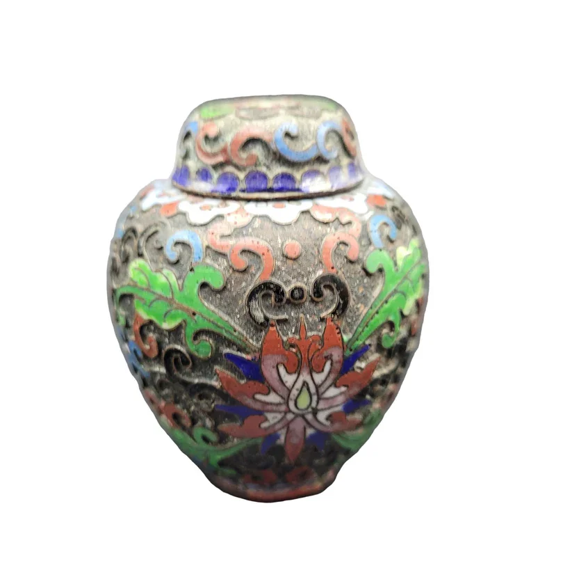 Top view of antique three-piece Japanese cloisonné set