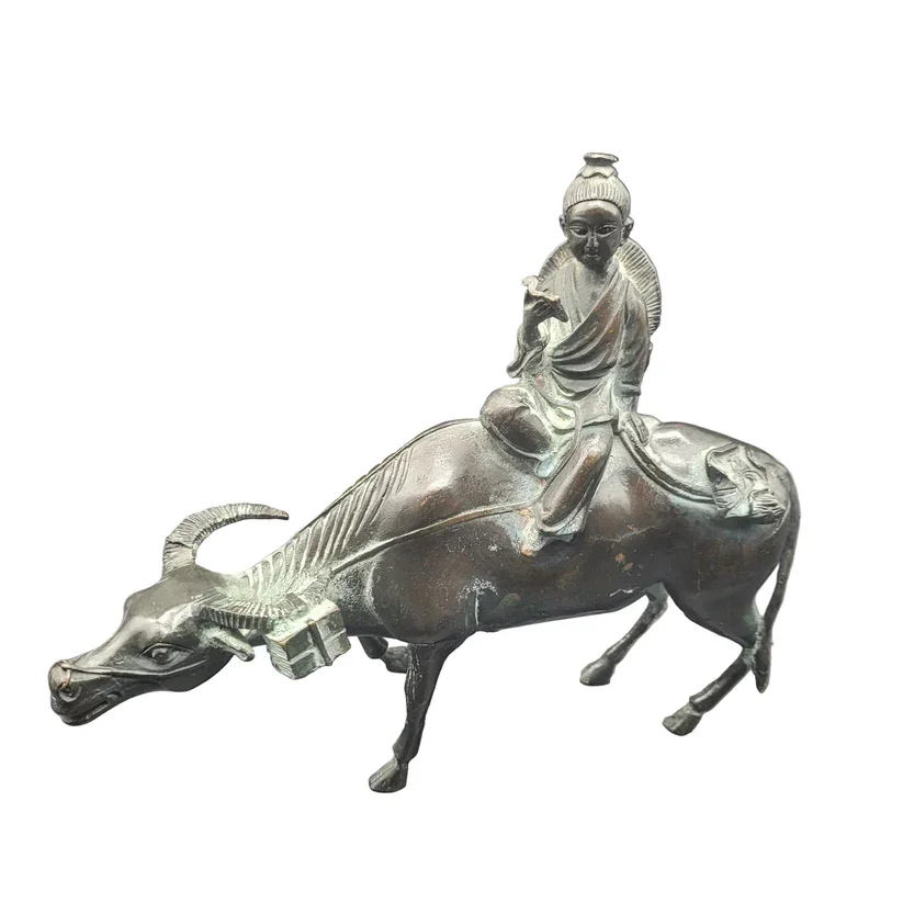 Antique Chinese Bronze of Lohan Seated On An Ox