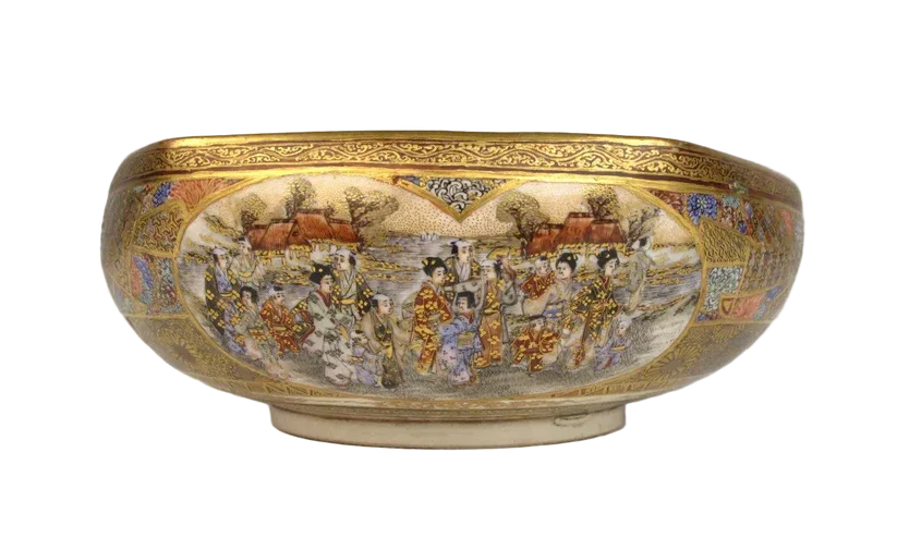 Authentic Satsuma porcelain often has a distinctive crackled glaze, which may appear as fine lines on the surface of the piece.