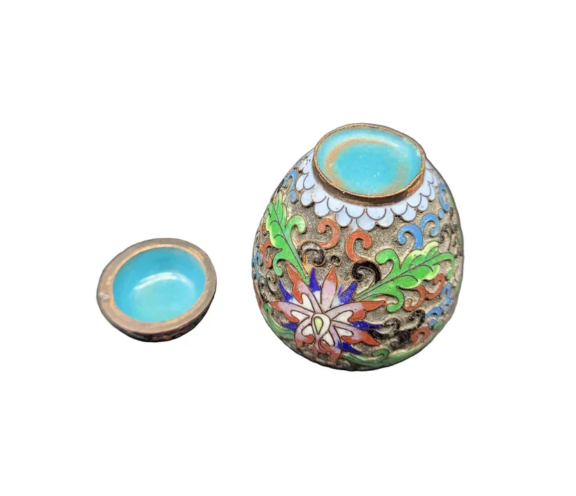 Bottom view of antique three-piece Japanese cloisonné set
