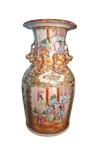 A decorative porcelain vase featuring detailed hand-painted scenes of people in traditional Asian clothing, with ornate handles and intricate designs.