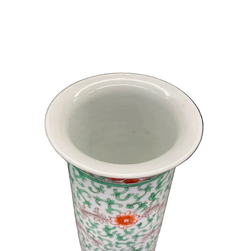 Chinese antique brush pot or vase dating to the mid to late 19th century Qing Dynasty and is a fine example of Famille Verte porcelain available at Golds Antiques