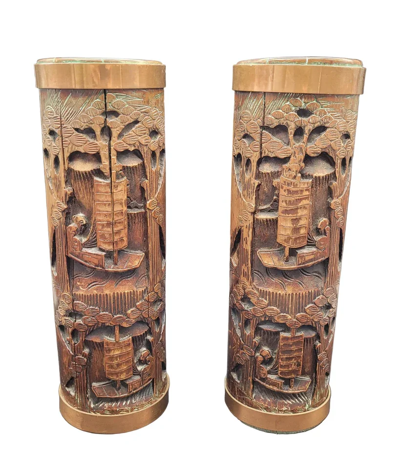 Chinese Qing 19th Century Carved Bamboo Brush Pots