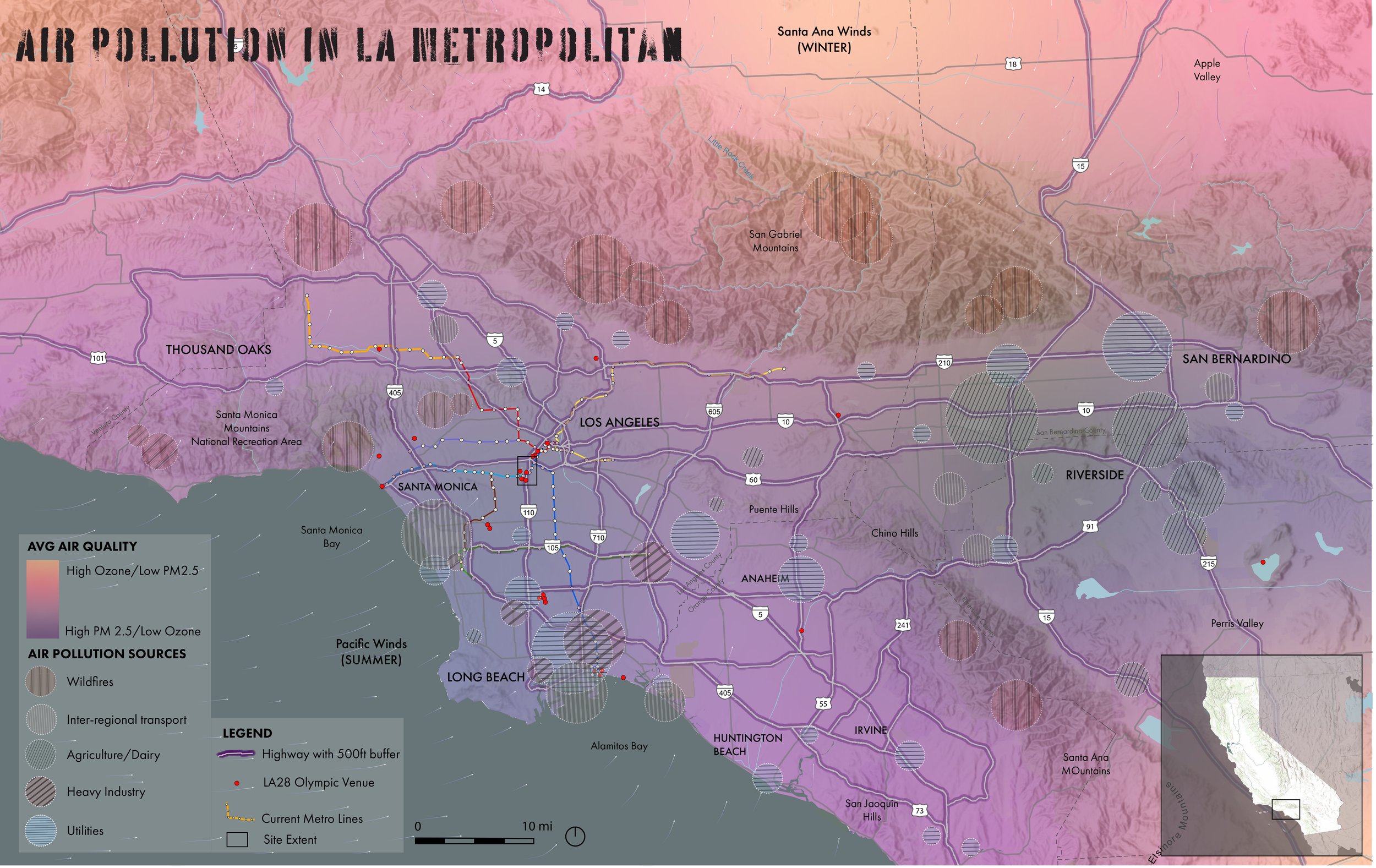 Map showing air pollution sources, air quality, and major cities in Los Angeles area, including wildfire impact. Contains legends for air quality, pollution sources, and infrastructure symbols. Highlights high ozone and PM 2.5 levels, with site extent and metro lines, and shows Santa Monica, Long Beach, Riverside, and other neighborhoods.