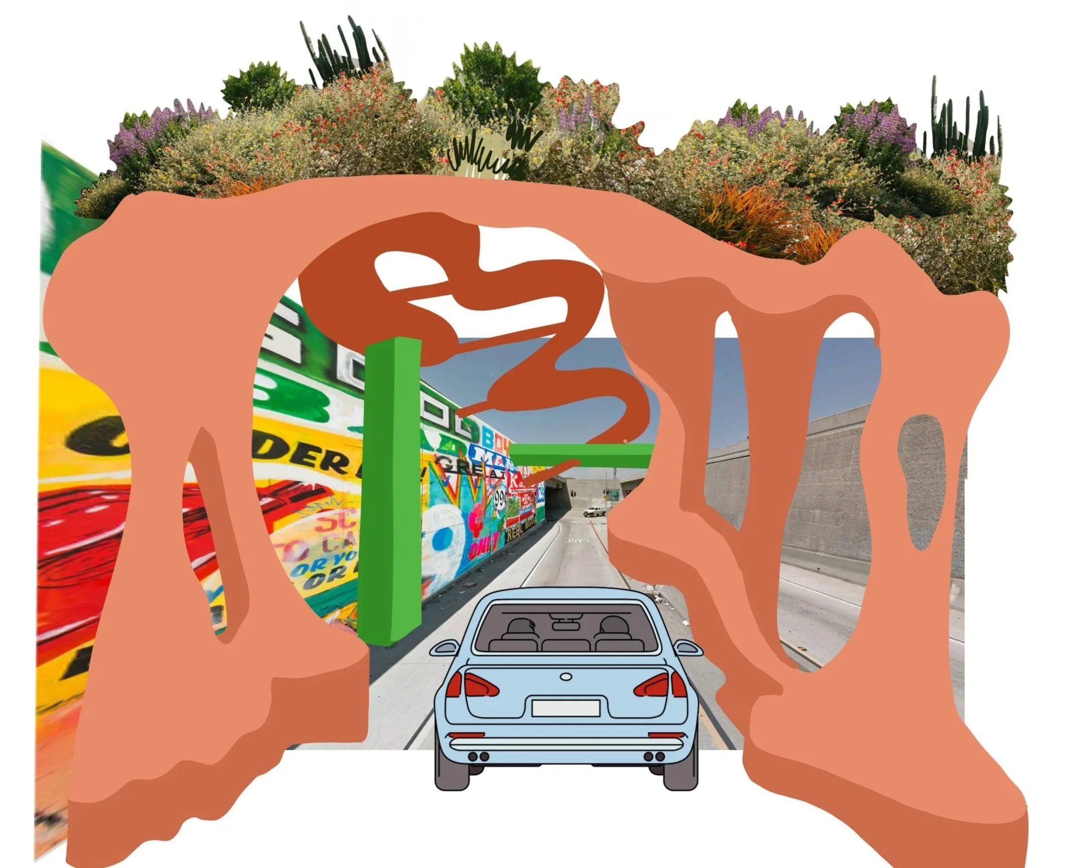 Illustration of a street scene viewed through a tunnel of melting clay or earth, with a gray car, graffiti-covered wall on the left, and a concrete wall on the right, against a blue sky and a row of plants or trees at the top.