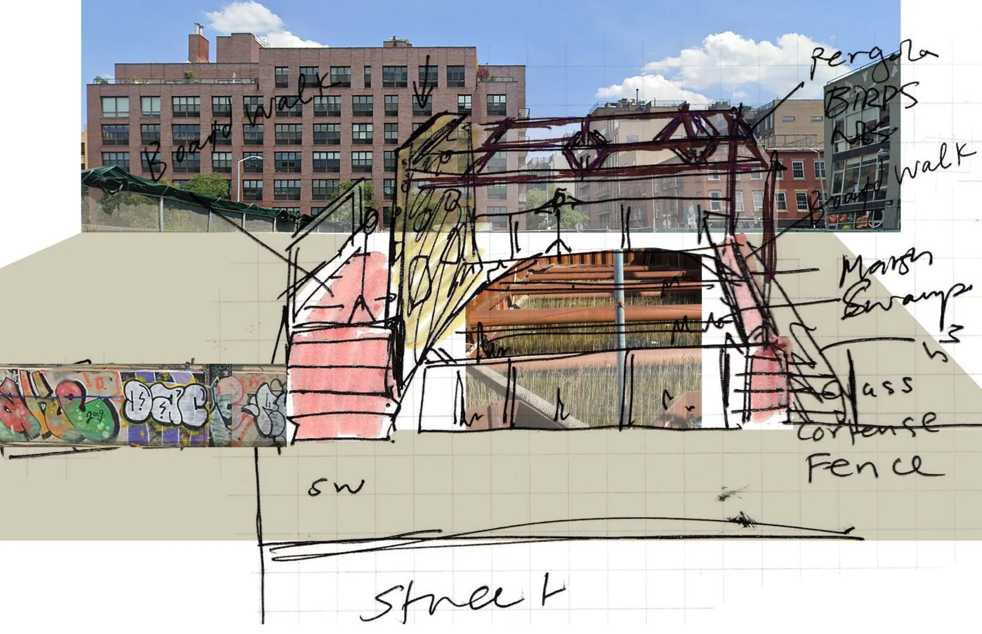 A hand-drawn sketch overlaying a photograph of an urban site with a fire escape, stairs, and graffiti, labeled with notes about various features like a pergola, bird's area, walkway, and fence, in front of multiple buildings and a cloudy sky.