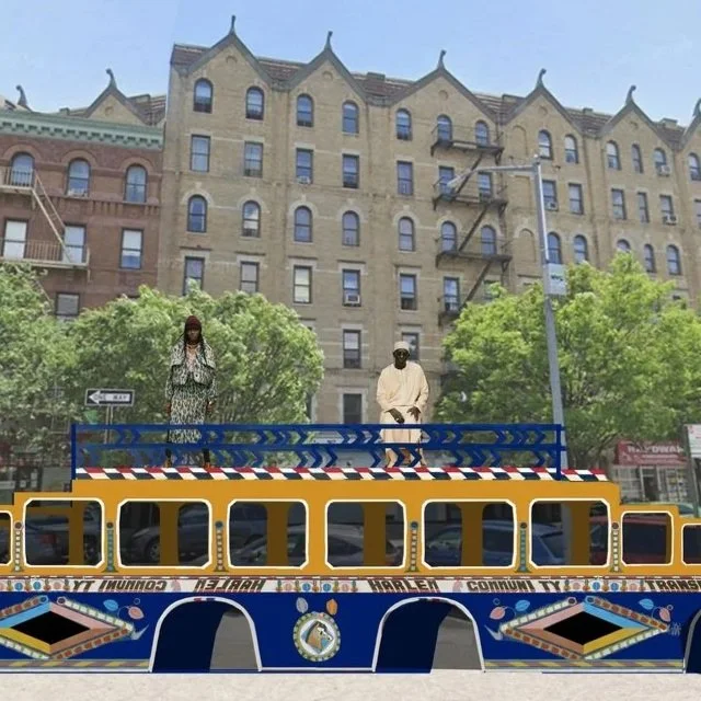 Two people sitting on top of a decorated float with a city building and trees in the background.