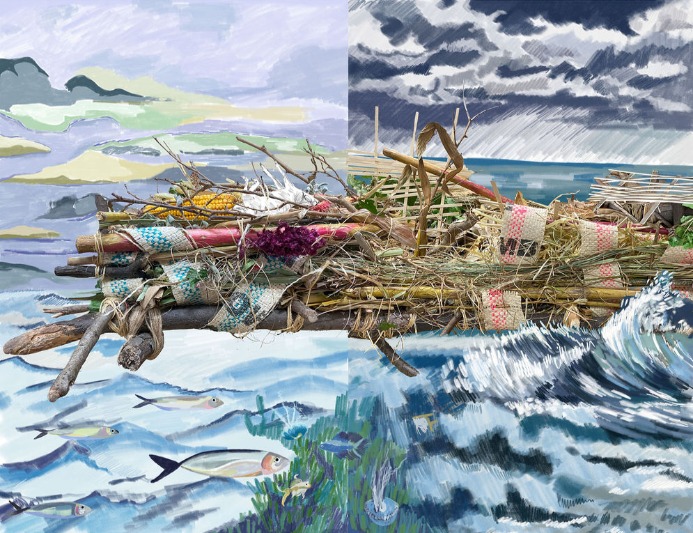A mixed media artwork illustrating a floating tribal raft made of sticks and woven materials, with a stormy sea and dark clouds overhead, and fish and underwater plants beneath the waves.