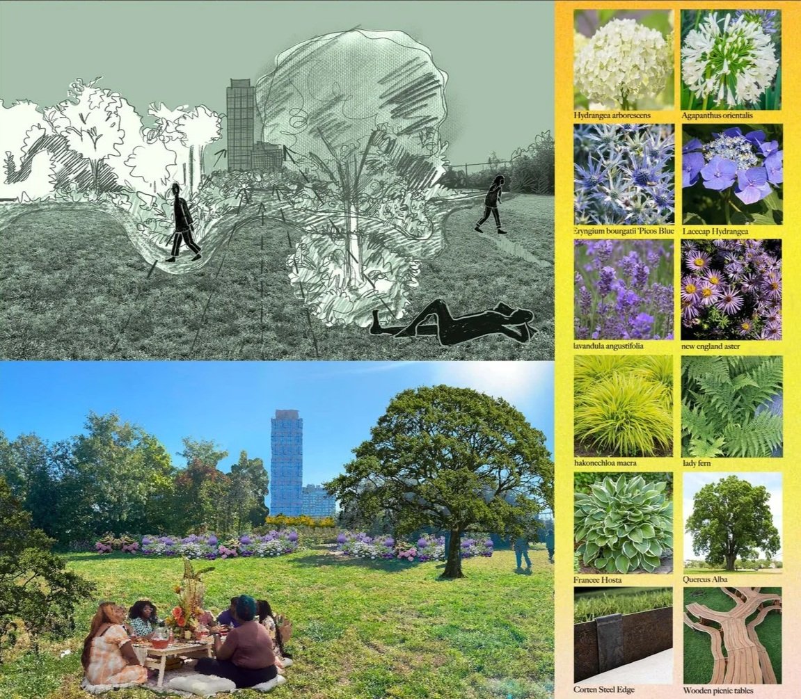A collage of an outdoor park scene with a cityscape in the background, showing people walking, lying on the grass, and two women having a picnic on a blanket. The collage includes a stylized illustration of a large face integrated with trees and a pe
