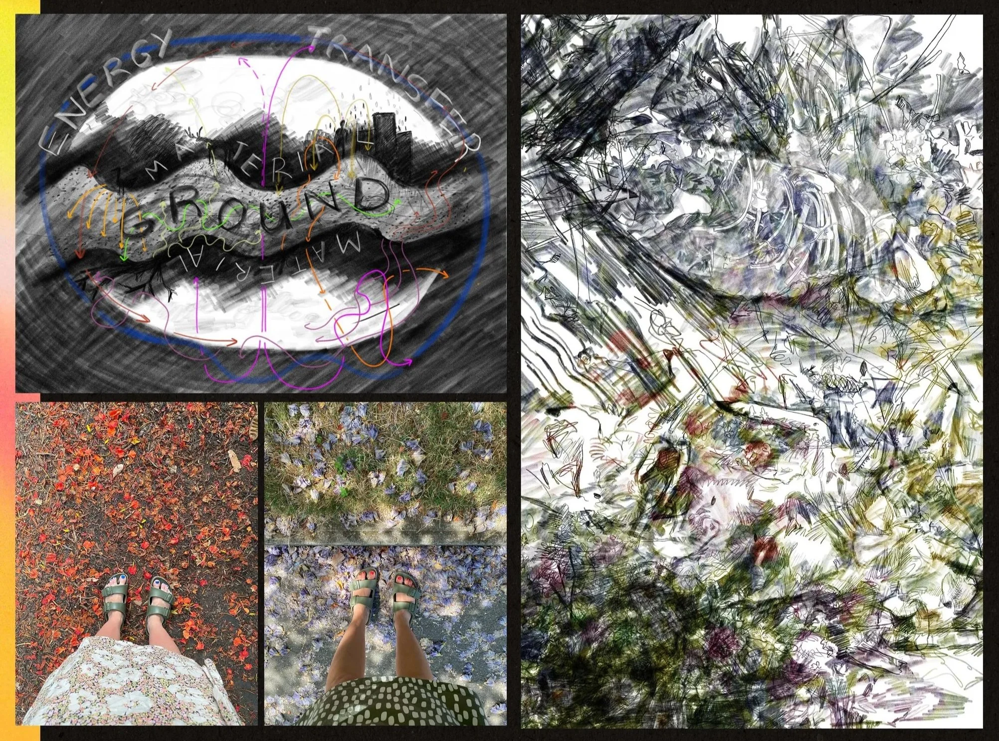 A collage of four images: top left is a stylized illustration of an eye with the words 'EYE', 'MIND', 'GROUND', and 'LENS' written within; top right is an abstract, colorful, sketch-like depiction of flowers and foliage; bottom left is a photo of a p