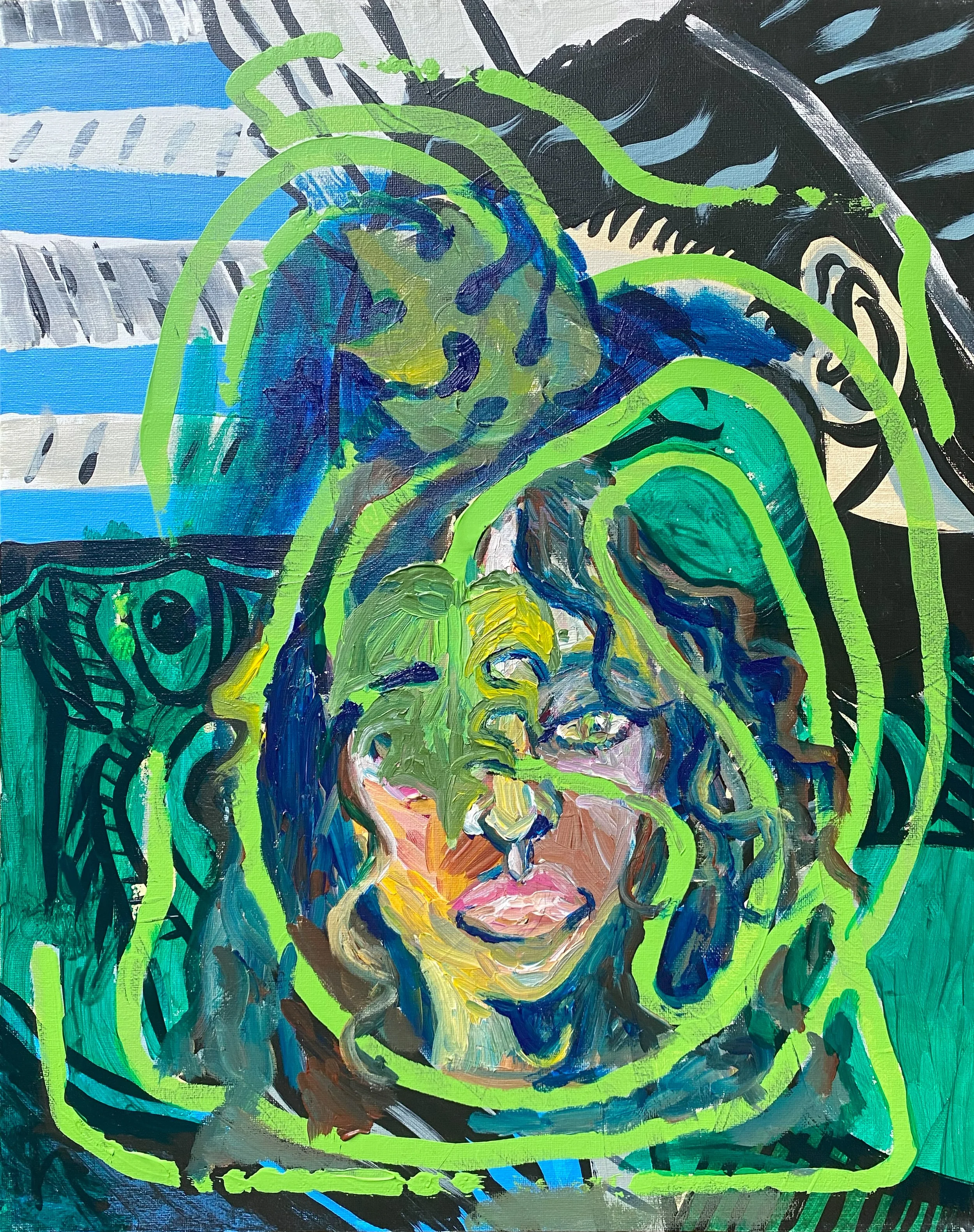 Colorful abstract painting of a woman with long wavy hair and full lips, surrounded by green swirling lines and shapes, with a background of black, white, and blue patterns.
