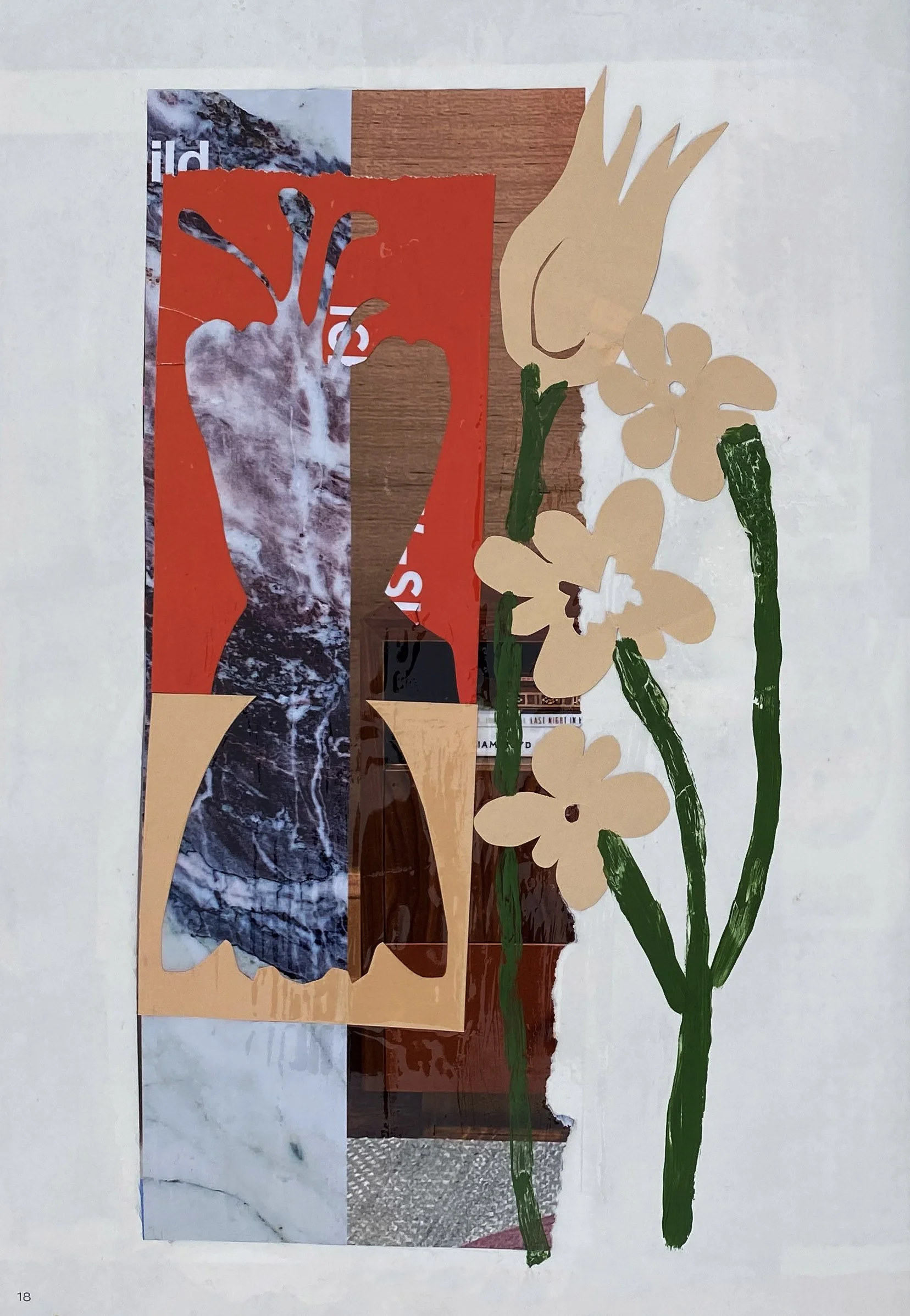 Mixed media collage featuring a mountain landscape, torn paper, layered images, and hand-drawn beige flowers with green stems on a white background.