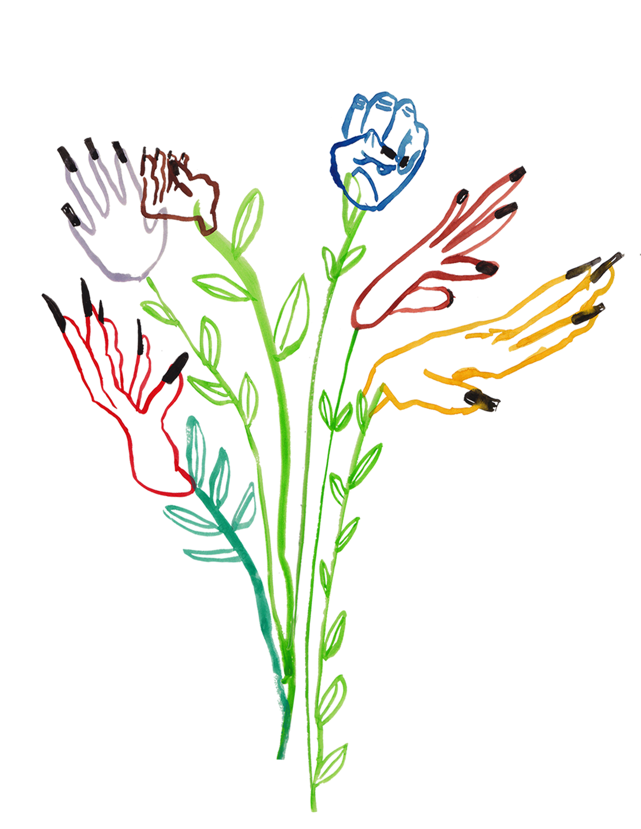 Colorful illustration of a bunch of roses in red, blue, yellow, and orange, with green stems and leaves, depicted with neon-style outline.