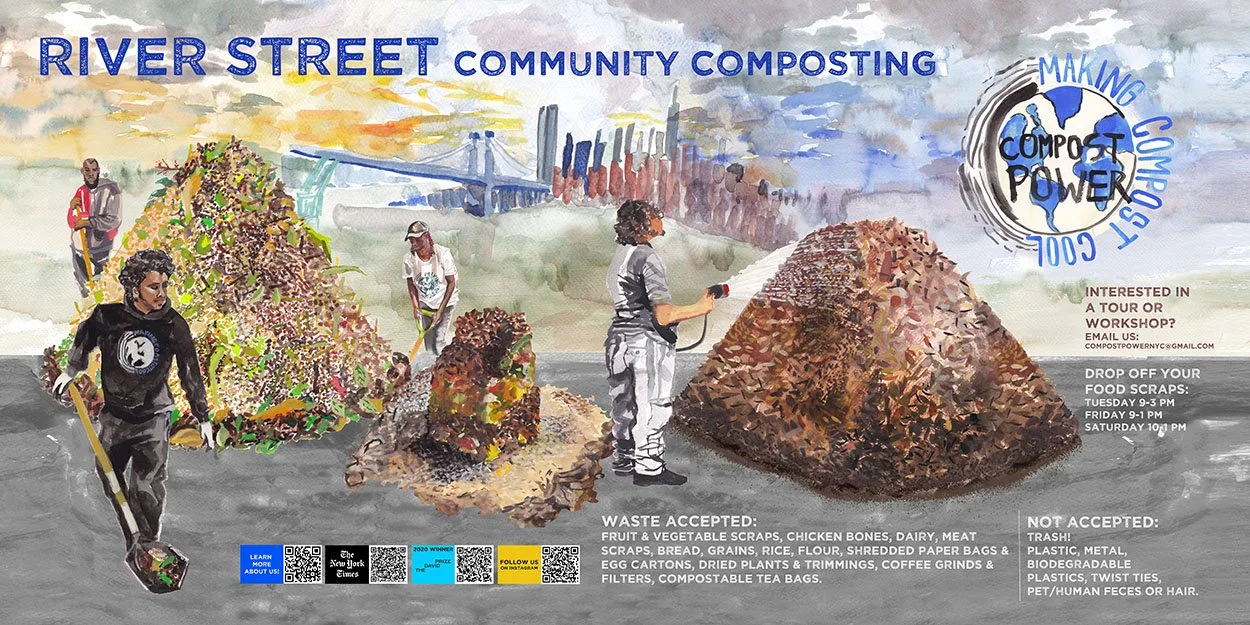 Illustration promoting River Street community composting with people collecting food scraps and compost piles, cityscape and bridge in background, composting logo, and text about accepted waste and drop-off times.