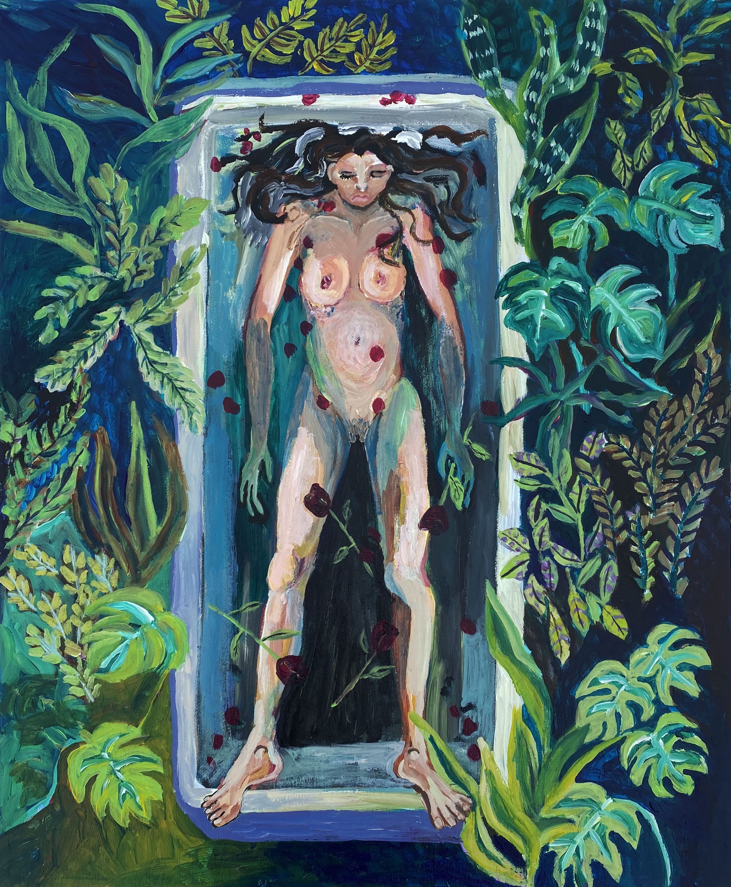 An artistic painting of a nude woman lying in a shower surrounded by lush green tropical plants and flowers.