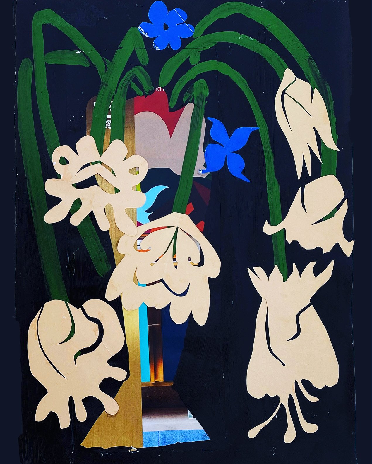 Cutout paper art of flowers, including white and blue flowers with green stems, on a black background.
