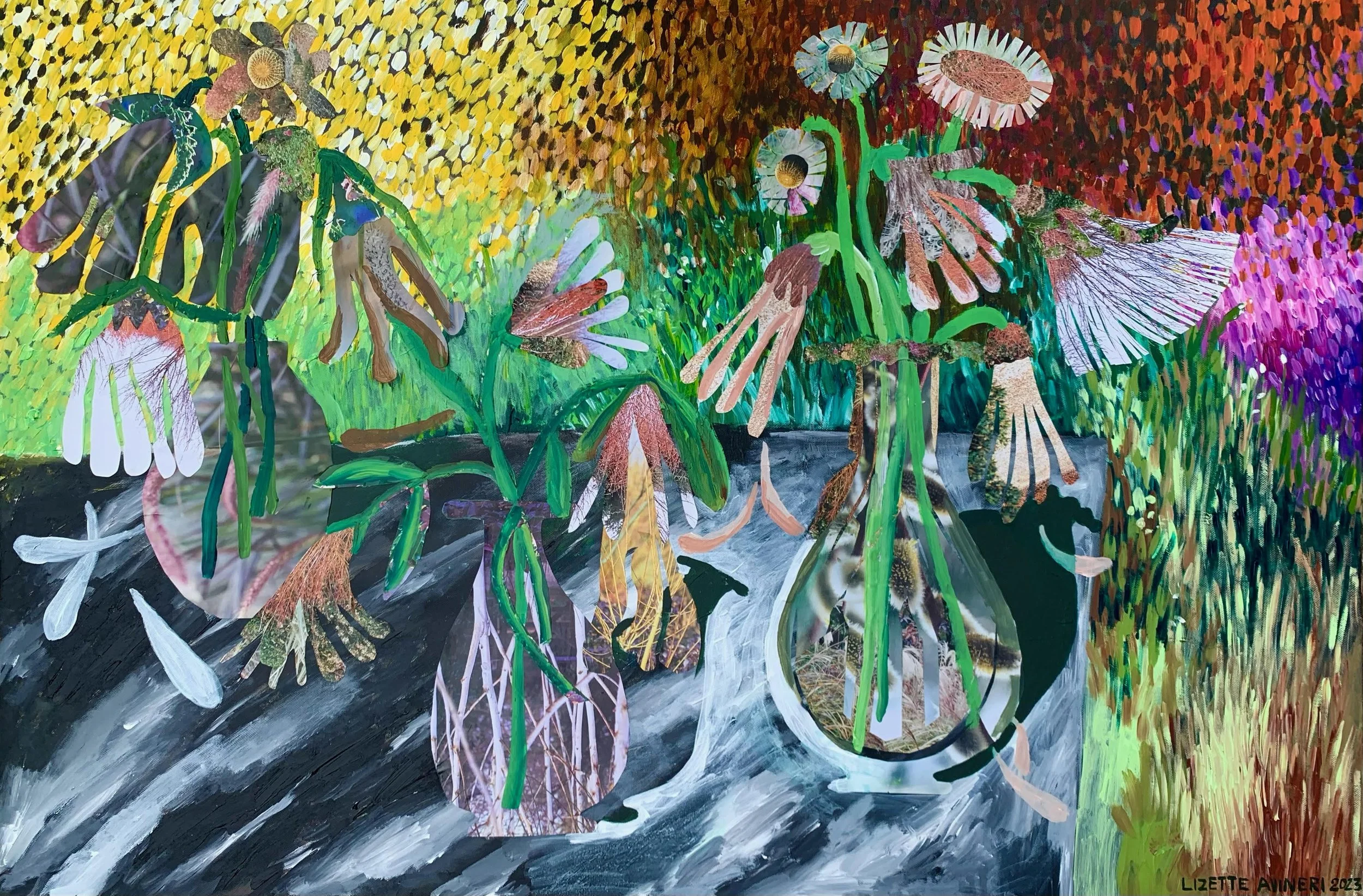 Colorful painting of a garden scene with various flowers and plants in vibrant shades of yellow, orange, red, purple, and green. The scene includes large flowers, tall grasses, and a flowing stream or path in the foreground.