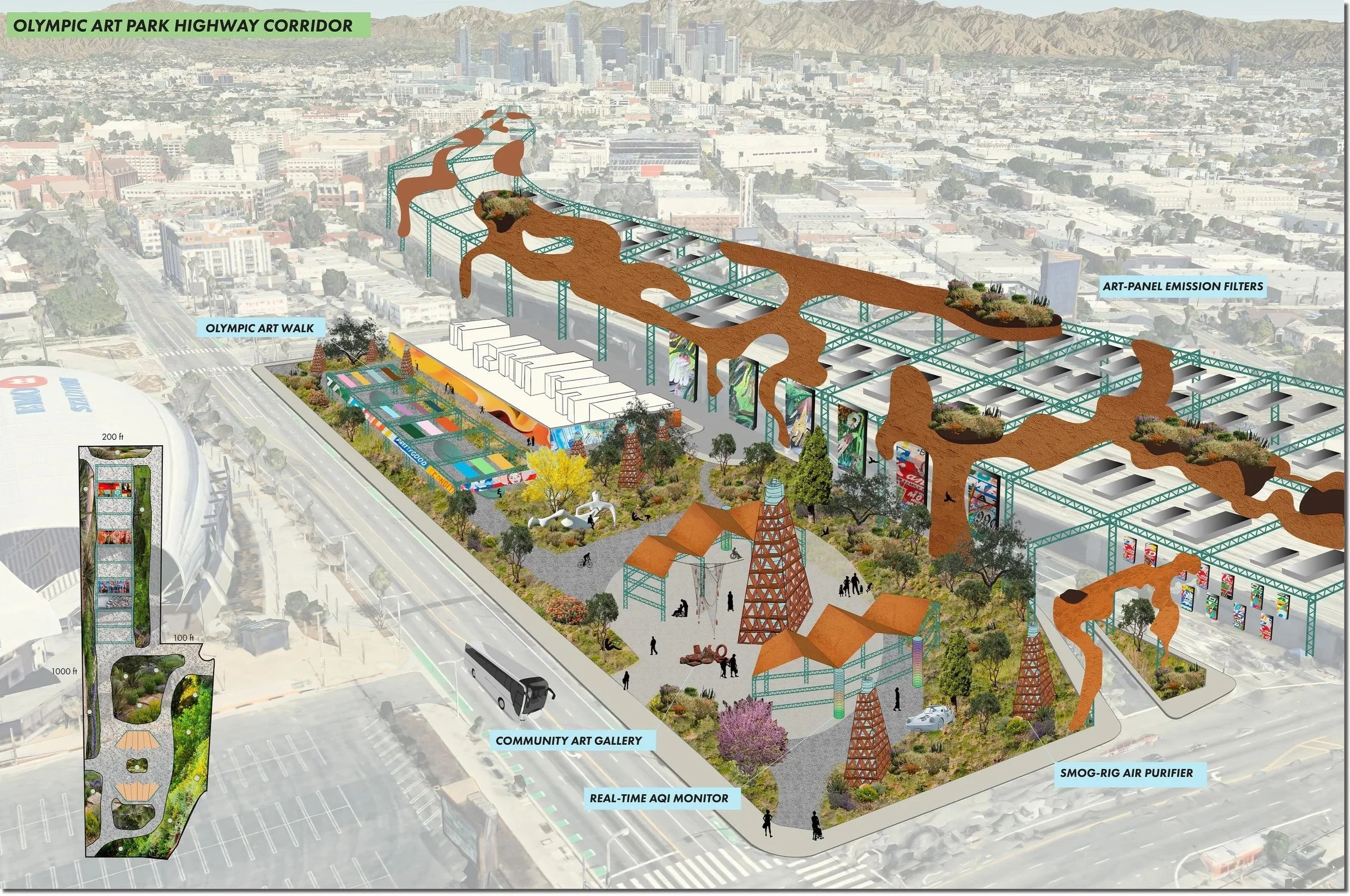 A detailed digital rendering of the Olympic Art Park Highway Corridor showing various structures and features including an Olympic Art Walk, community art gallery, real-time AQI monitor, smog-rig air purifier, art-panel emission filters, and a climbing structure with towers amidst landscaped areas with trees and art installations, set against an urban background with mountains and city skyline.