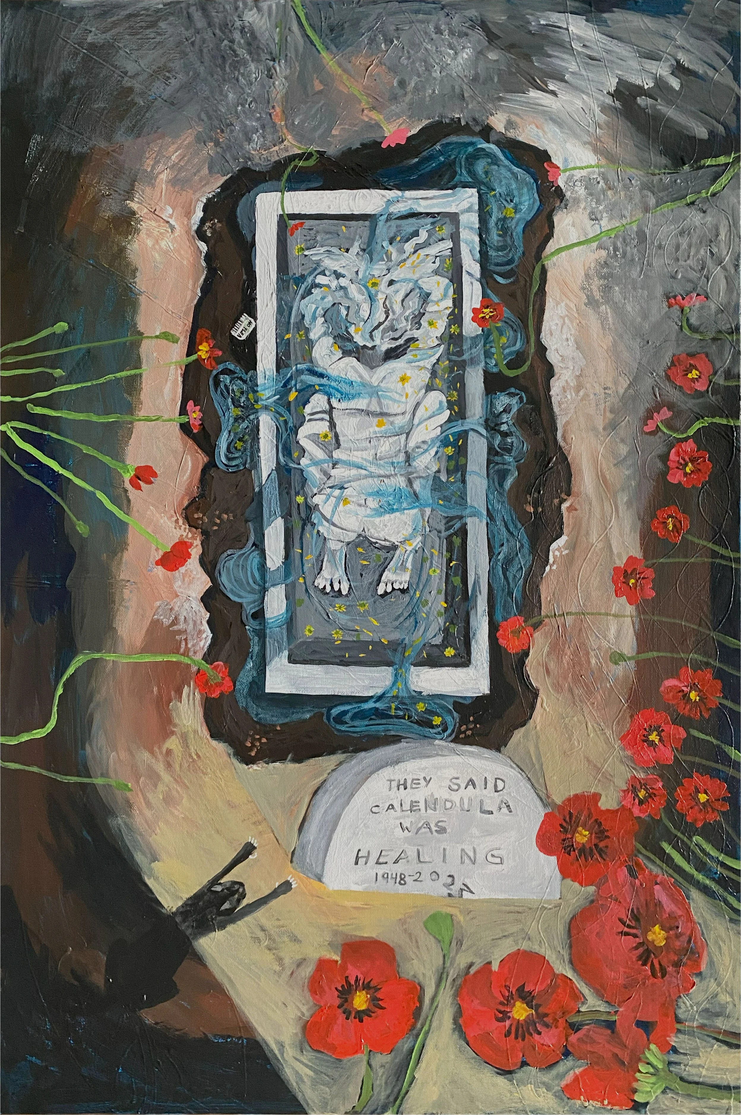 A painted memorial with a central image of a figure lying surrounded by blue and white swirls. The memorial is decorated with red poppies and green vines. A black cat is depicted near the bottom with arms raised, and an engraved stone.