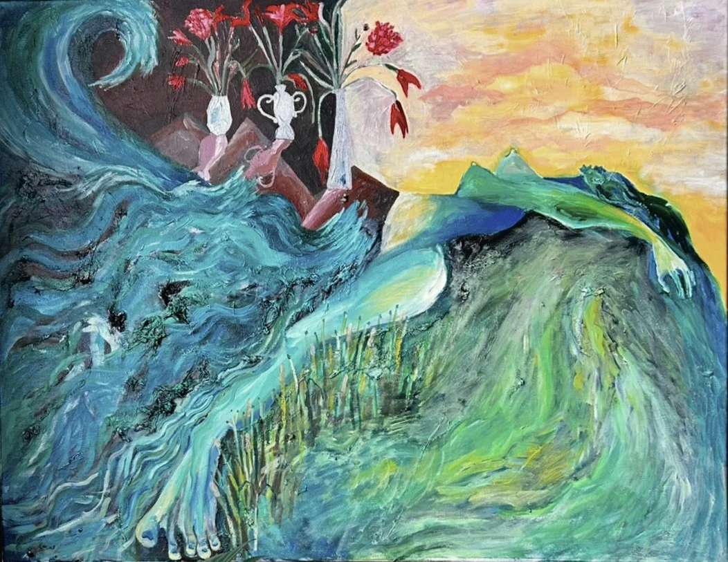 Abstract painting featuring a large blue wave, a foot submerged in water, a mountain, a sunset sky, and vases with flowers.